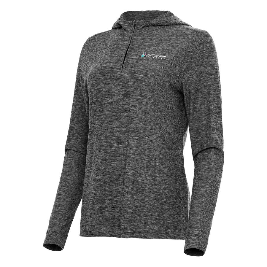 Women's Homestead-Miami Speedway Antigua Heather Black Daybreak Quarter-Zip Pullover Hoodie