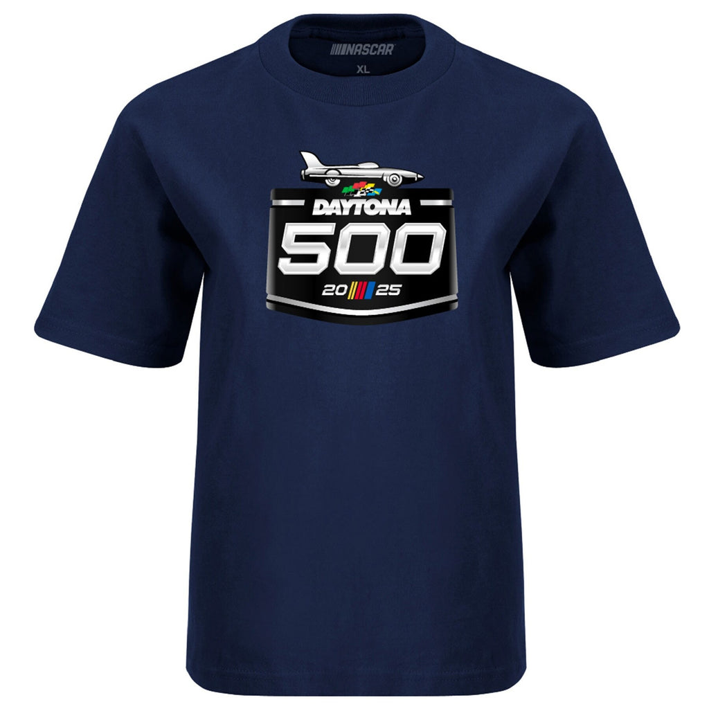 Youth Daytona International Speedway Checkered Flag Sports Navy 2025 Daytona 500 Logo T-Shirt